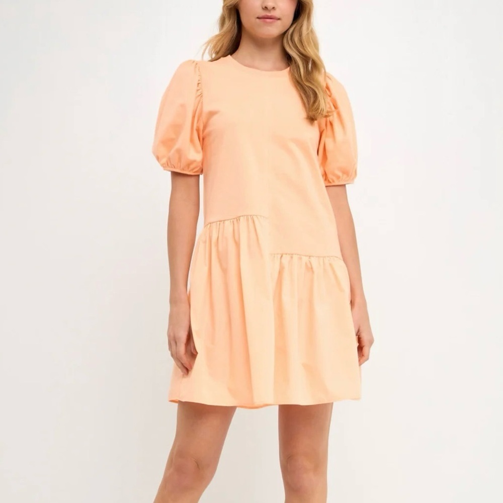 English Factory Puff Shoulder Mixed Media MiniDress Peach Coral Coquette Ruffle